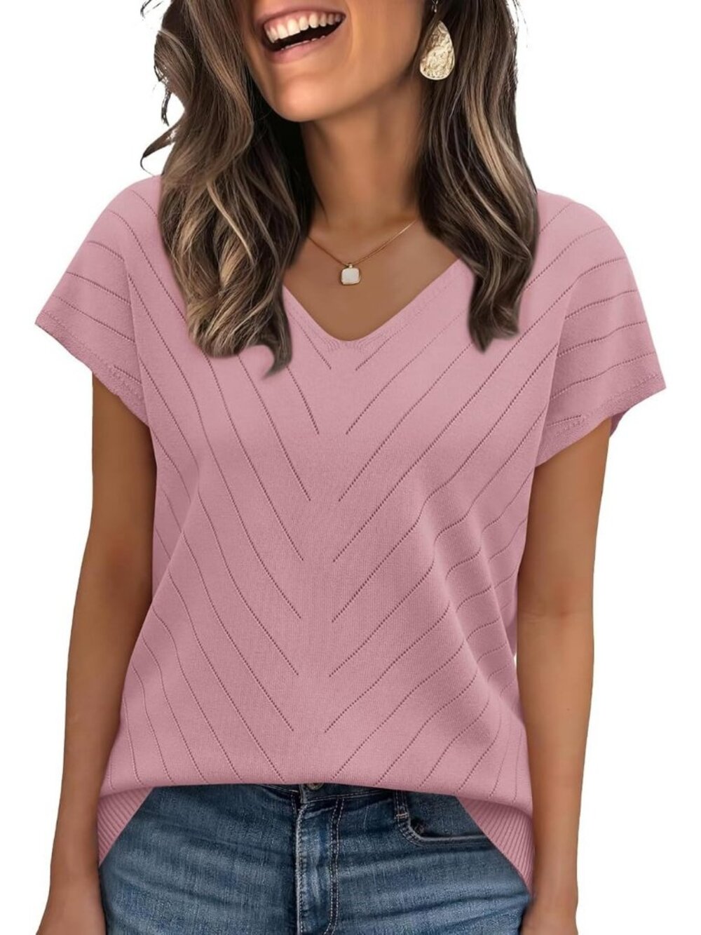 Women's Pink Trendy Summer Tops Sweater Pullover V-Neck Pull On Short Sleeve